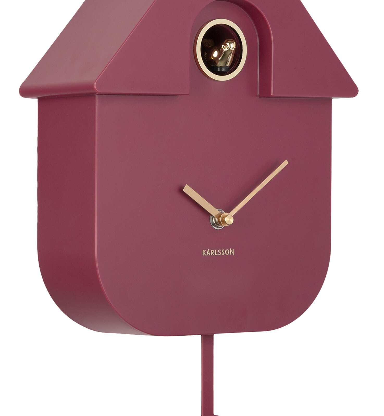 Moderne Wanduhr in Hausform mit goldenen Zeigern, seitliche Perspektive