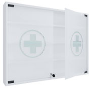 Weißer Erste-Hilfe-Medikamentenschrank mit Glasfront und Kreuzsymbol, Tür geöffnet, in schräger Vorderansicht