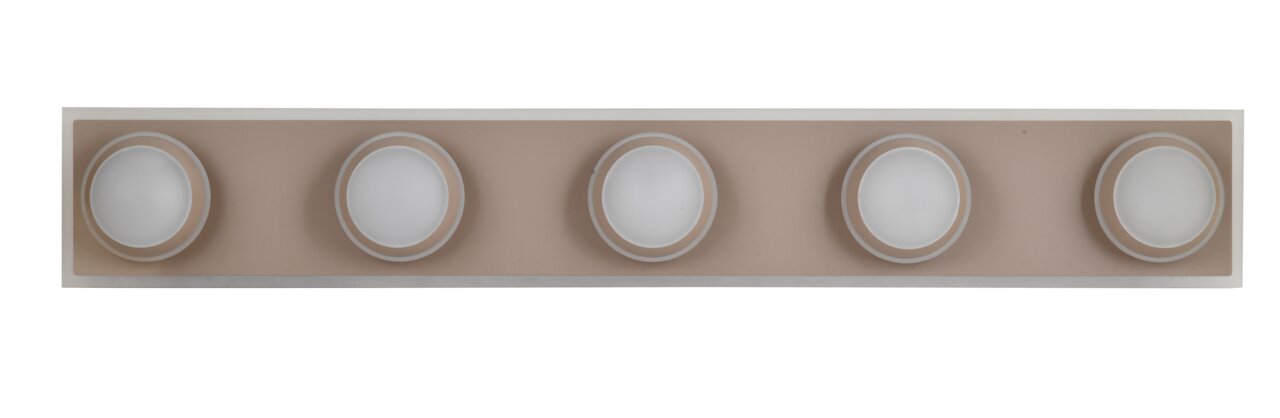 LED-plafondlamp met vijf ronde lichtbronnen op een rij, gezien van voren