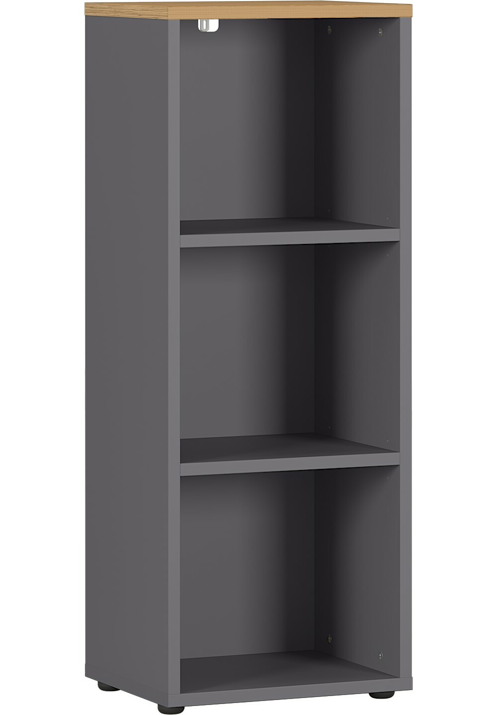 Graues Aktenregal mit drei Fächern, seitliche Perspektive