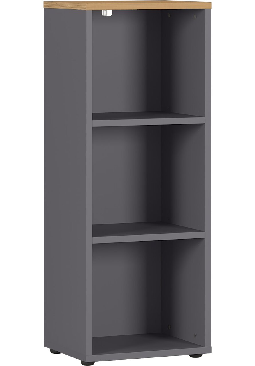 Graues Aktenregal mit drei Fächern, seitliche Perspektive