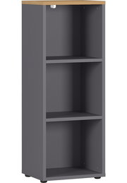 Graues Aktenregal mit drei Fächern, seitliche Perspektive