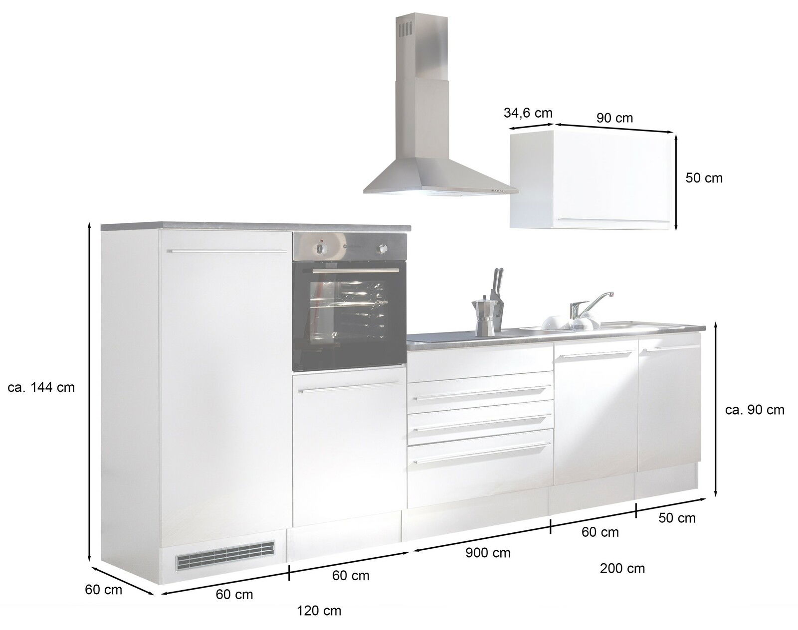 Küchenblock 320 JAZZ in moderner Frontansicht mit integriertem Backofen, Herd, Spüle und Dunstabzugshaube, Maße ca. 320 cm breit.