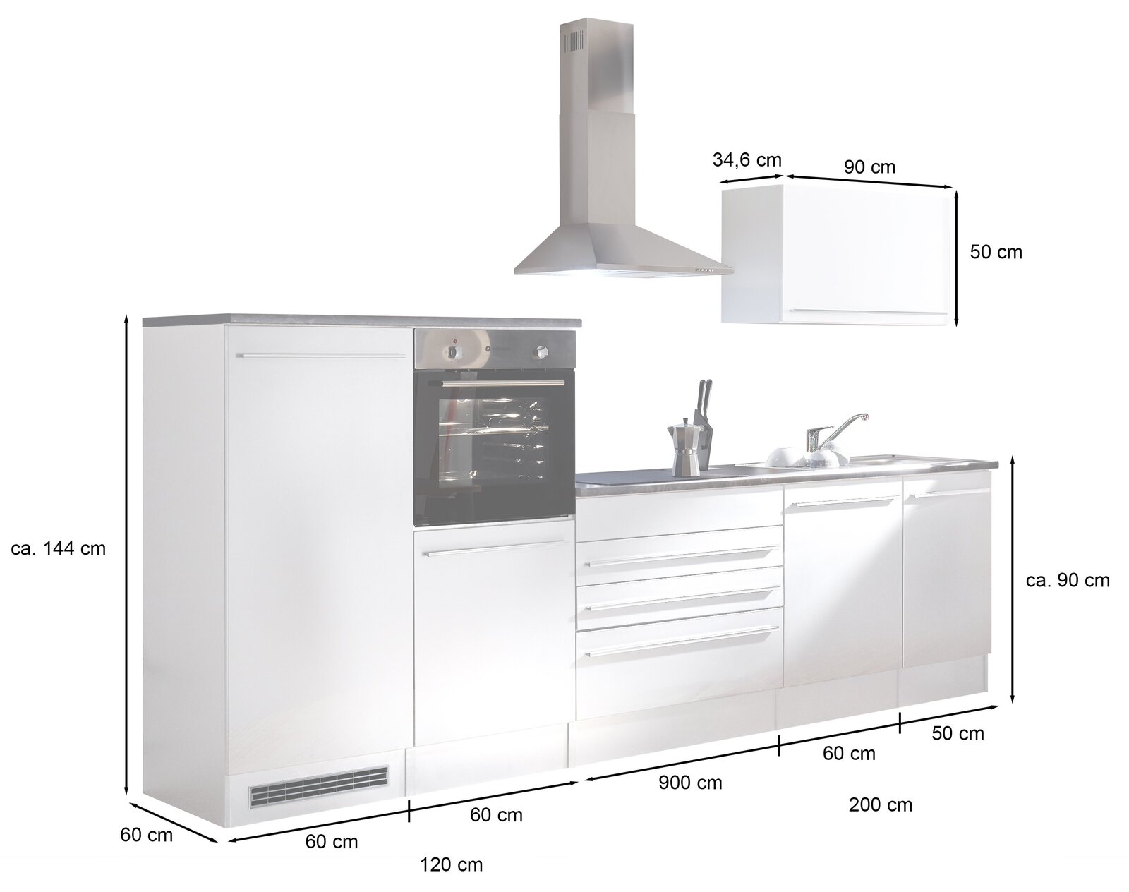 Küchenblock 320 JAZZ in moderner Frontansicht mit integriertem Backofen, Herd, Spüle und Dunstabzugshaube, Maße ca. 320 cm breit.