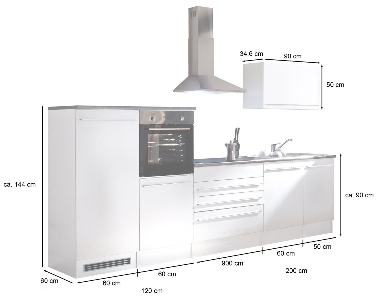 Küchenblock 320 JAZZ in moderner Frontansicht mit integriertem Backofen, Herd, Spüle und Dunstabzugshaube, Maße ca. 320 cm breit.
