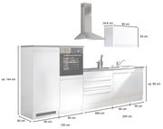 Küchenblock 320 JAZZ in moderner Frontansicht mit integriertem Backofen, Herd, Spüle und Dunstabzugshaube, Maße ca. 320 cm breit.