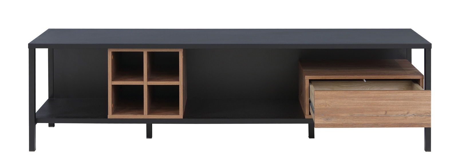Modernes TV-Lowboard in Schwarz mit Holzdetails, offene Fächer und eine Schublade, frontale Ansicht.