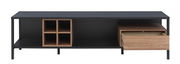 Modernes TV-Lowboard in Schwarz mit Holzdetails, offene Fächer und eine Schublade, frontale Ansicht.