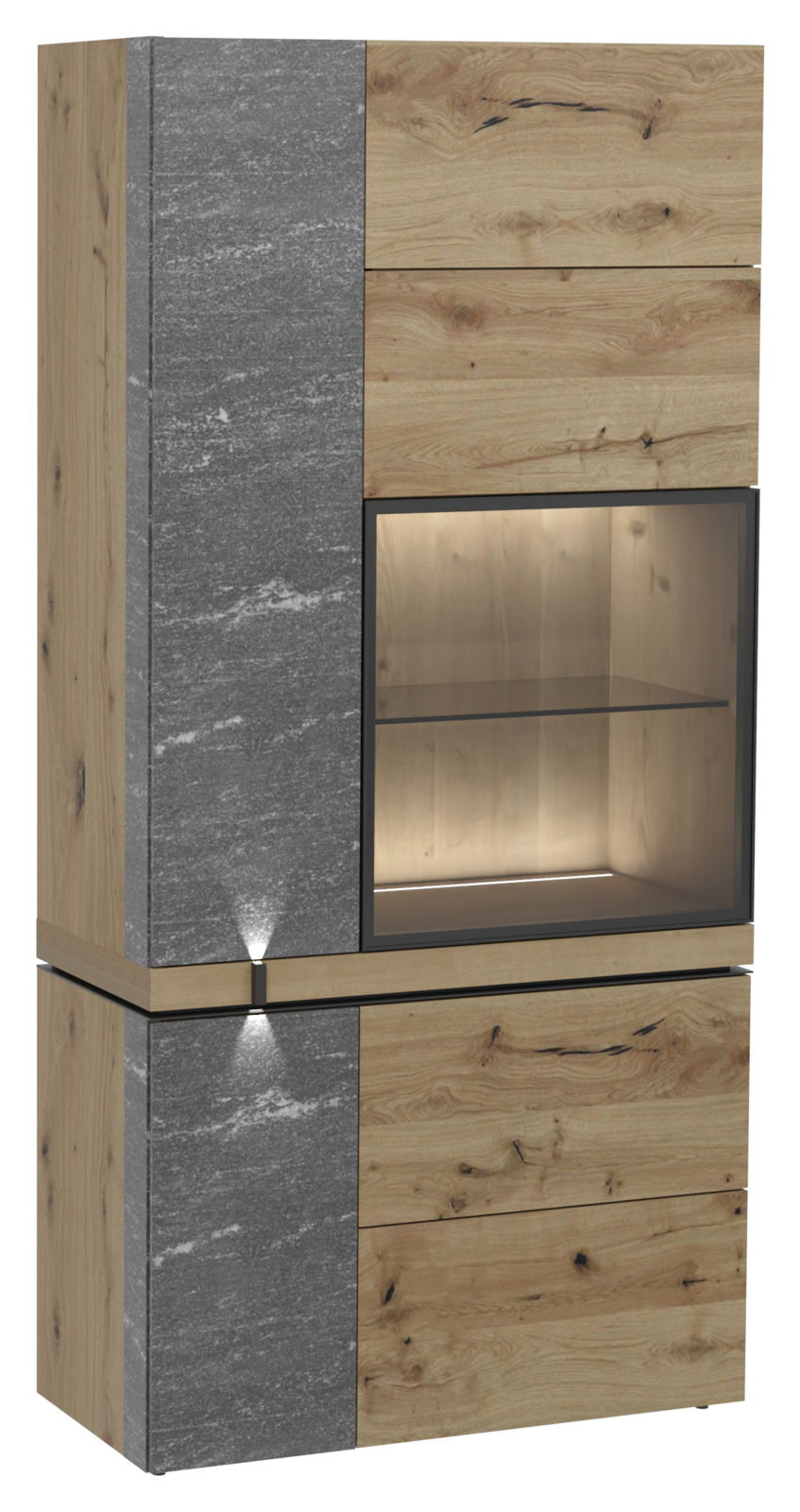 Vitrine Voglauer V-ROCK aus Holz und Steinoptik mit Glasfront, seitliche Perspektive