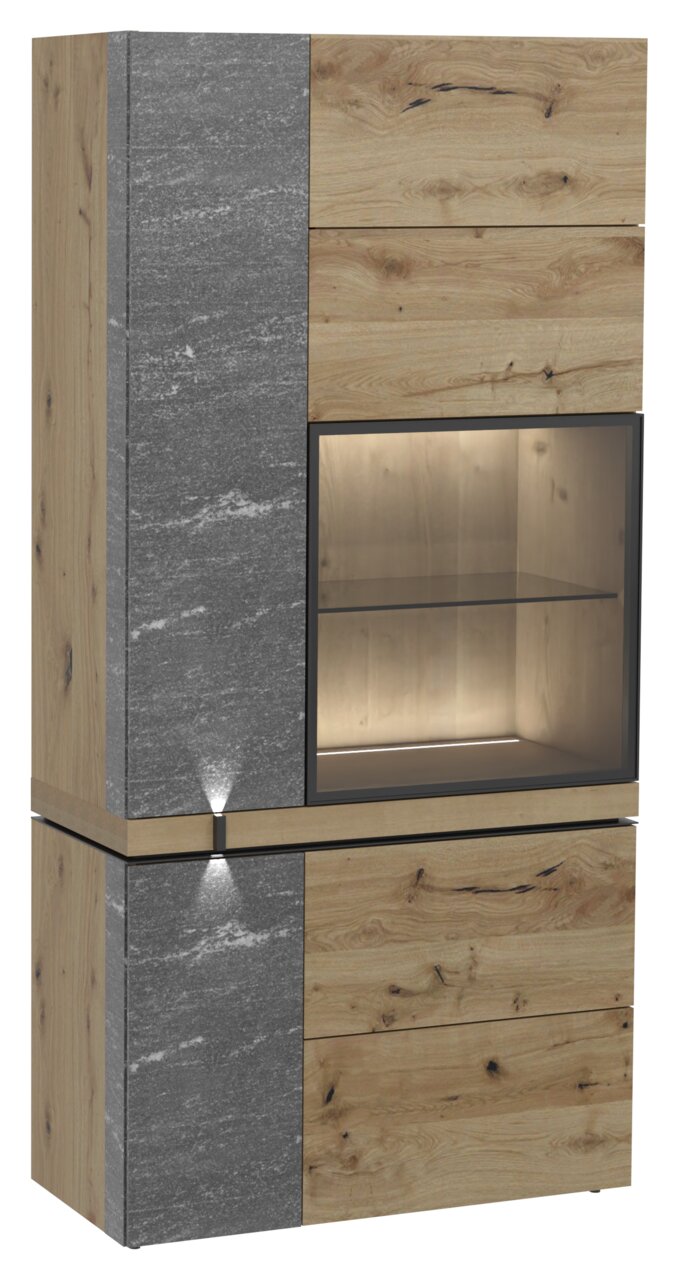 Vitrine Voglauer V-ROCK aus Holz und Steinoptik mit Glasfront, seitliche Perspektive