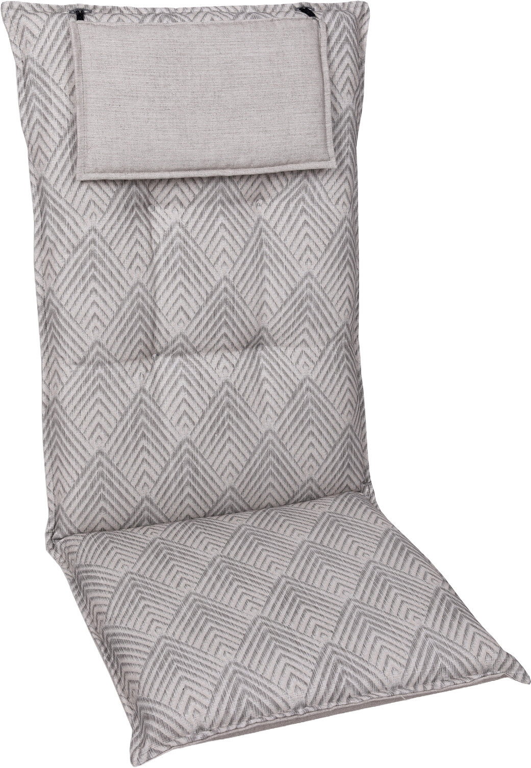 Go-De Sesselauflage Gepolsterte Stuhlauflage in Grau mit geometrischem Rautenmuster und Befestigungsband, schräg von vorne auf weißem Hintergrund fotografiert