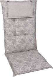 Gepolsterte Stuhlauflage in Grau mit geometrischem Rautenmuster und Befestigungsband, schräg von vorne auf weißem Hintergrund fotografiert