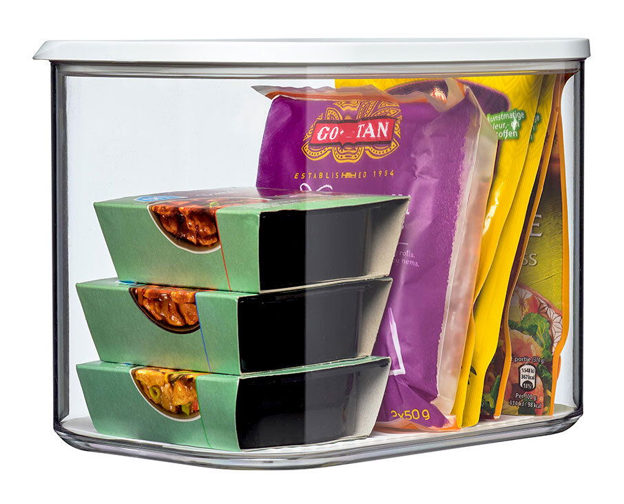 Vorratsdose Modula XL 4500 ml, gefüllt mit verschiedenen Lebensmitteln, seitliche Perspektive