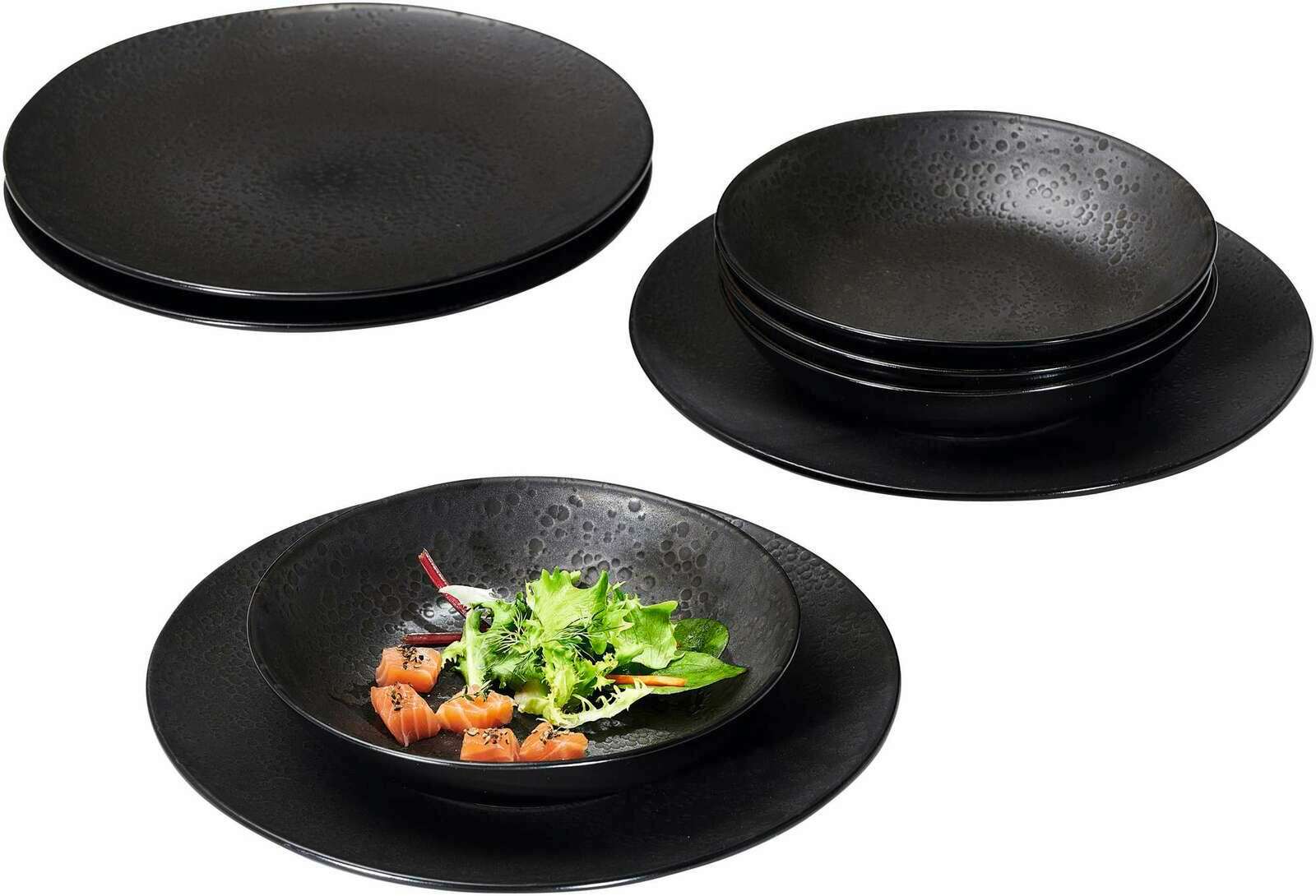 Ritzenhoff & Breker Tafelservice 8-tlg. KITWE Schwarzes Tafelservice Kitwe 8-tlg. mit strukturierter Oberfläche, bestehend aus flachen und tiefen Tellern, von oben betrachtet.