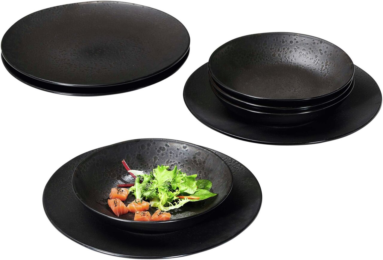 Ritzenhoff & Breker Tafelservice 8-tlg. KITWE Schwarzes Tafelservice Kitwe 8-tlg. mit strukturierter Oberfläche, bestehend aus flachen und tiefen Tellern, von oben betrachtet.