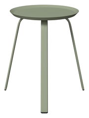 Moderner, minimalistischer Beistelltisch aus Metall in olivgrün, frontal betrachtet.