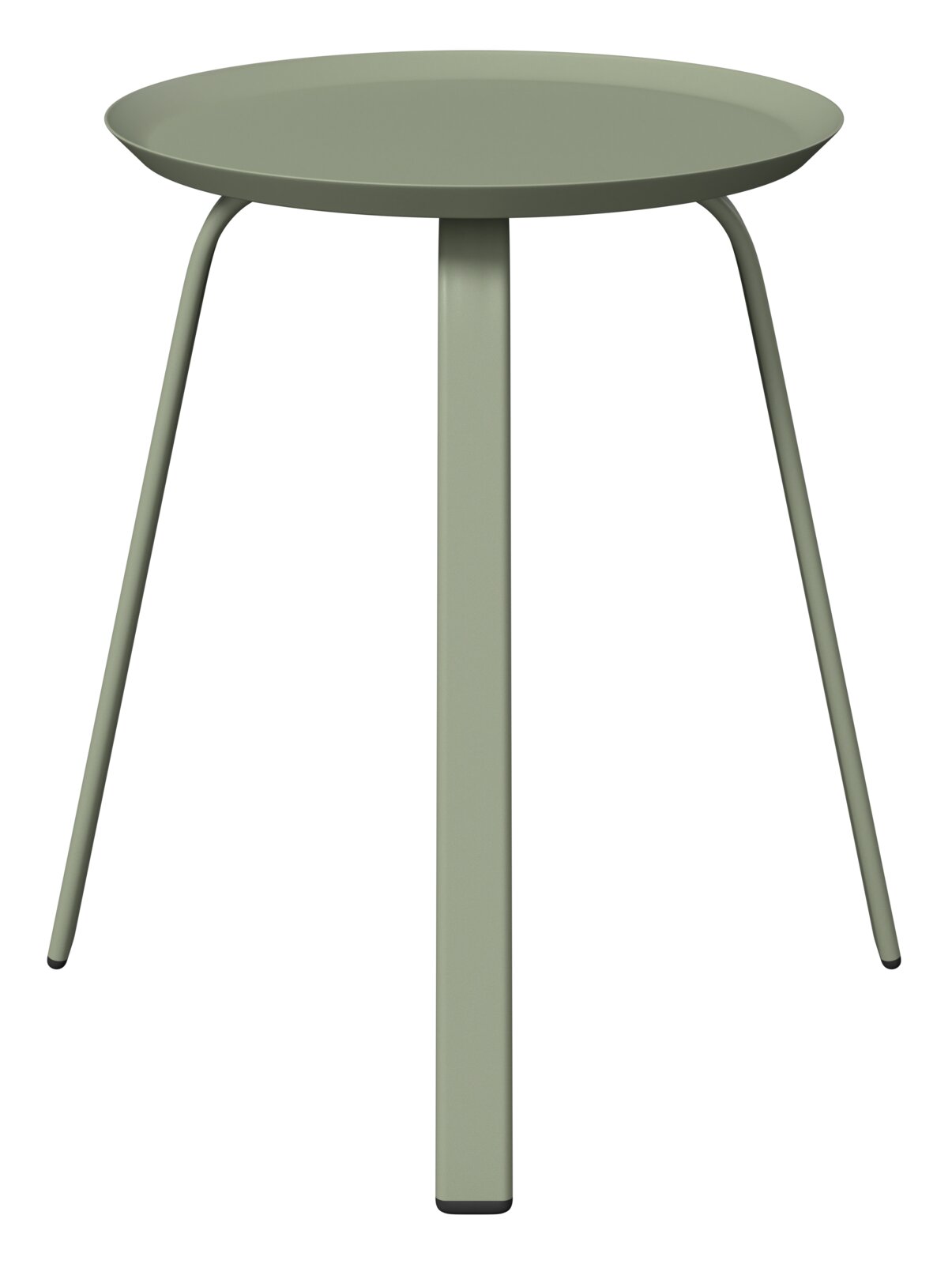 Moderner, minimalistischer Beistelltisch aus Metall in olivgrün, frontal betrachtet.