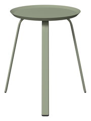 Moderner, minimalistischer Beistelltisch aus Metall in olivgrün, frontal betrachtet.