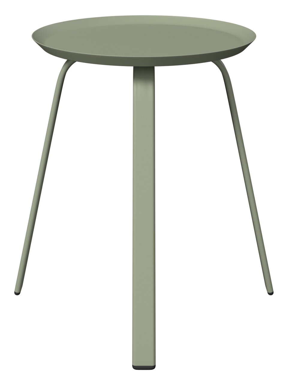 Moderner, minimalistischer Beistelltisch aus Metall in olivgrün, frontal betrachtet.