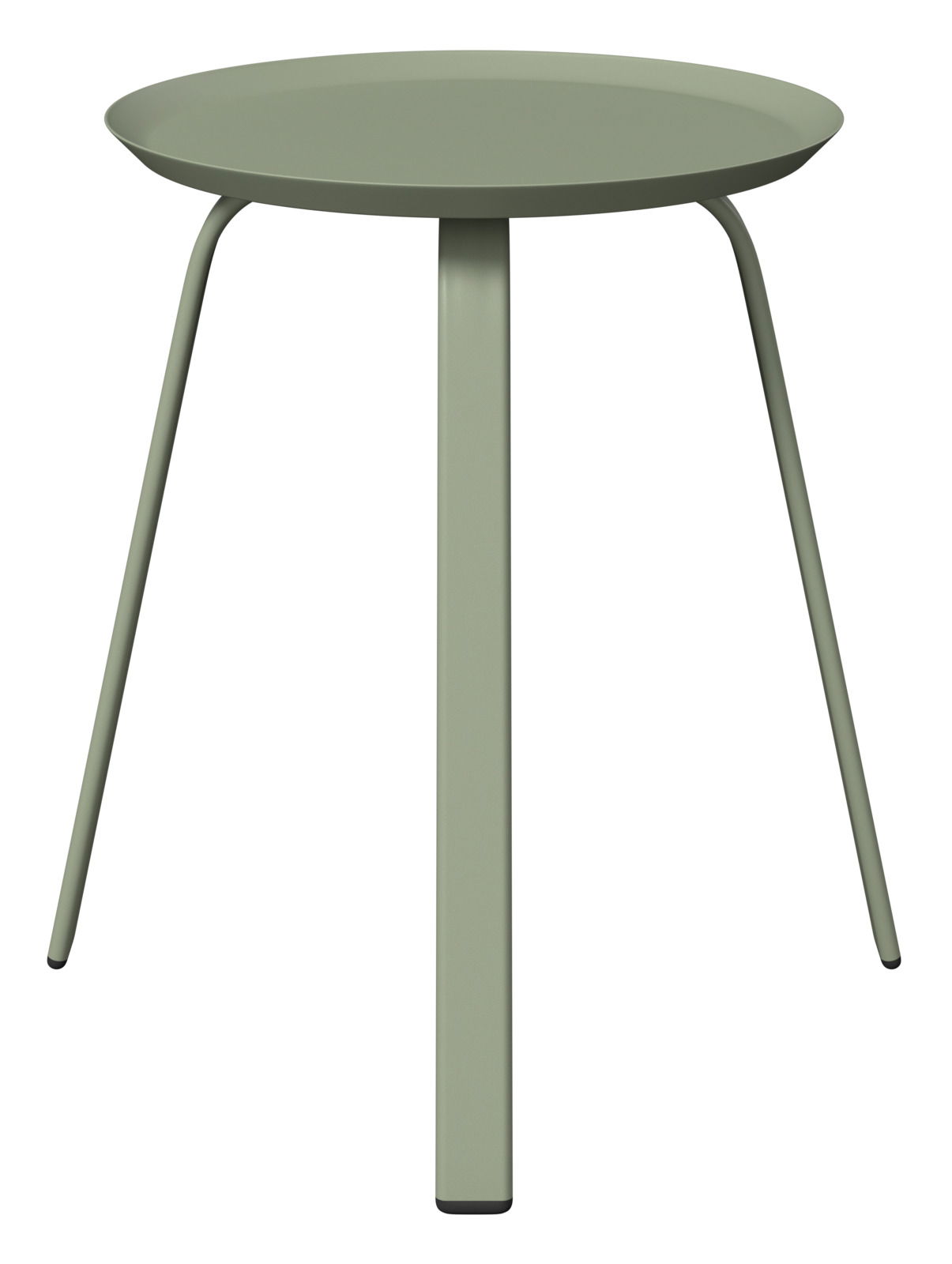 Moderner, minimalistischer Beistelltisch aus Metall in olivgrün, frontal betrachtet.