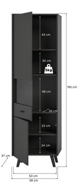 Schwarze Vitrine mit geöffneten Türen, zeigt mehrere Fächer mit unterschiedlichen Höhen. Perspektive von vorne, Maße sind angegeben.