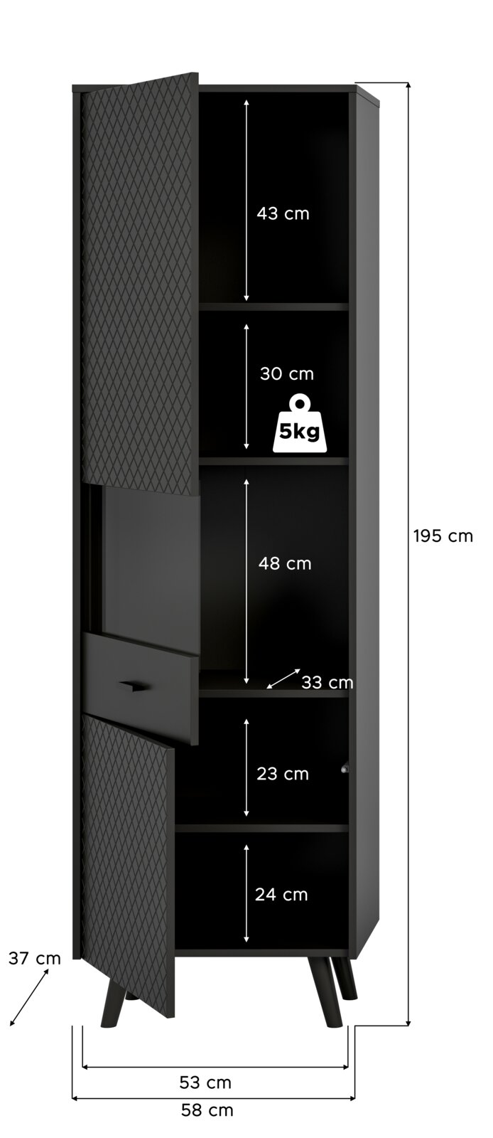 Schwarze Vitrine mit geöffneten Türen, zeigt mehrere Fächer mit unterschiedlichen Höhen. Perspektive von vorne, Maße sind angegeben.