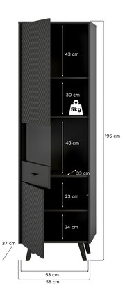 Schwarze Vitrine mit geöffneten Türen, zeigt mehrere Fächer mit unterschiedlichen Höhen. Perspektive von vorne, Maße sind angegeben.