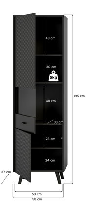 Schwarze Vitrine mit geöffneten Türen, zeigt mehrere Fächer mit unterschiedlichen Höhen. Perspektive von vorne, Maße sind angegeben.