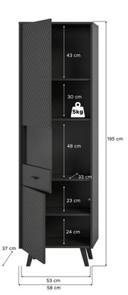 Schwarze Vitrine mit geöffneten Türen, zeigt mehrere Fächer mit unterschiedlichen Höhen. Perspektive von vorne, Maße sind angegeben.