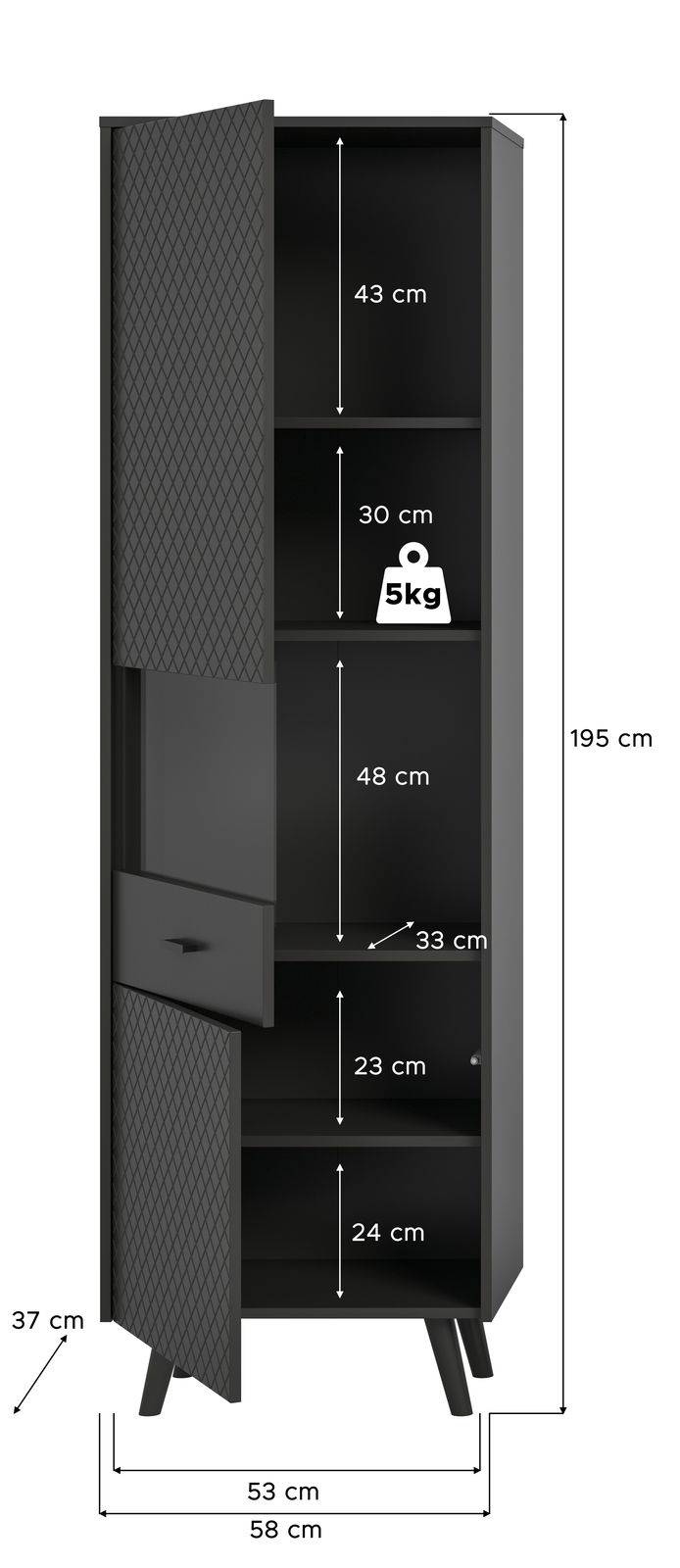 Schwarze Vitrine mit geöffneten Türen, zeigt mehrere Fächer mit unterschiedlichen Höhen. Perspektive von vorne, Maße sind angegeben.