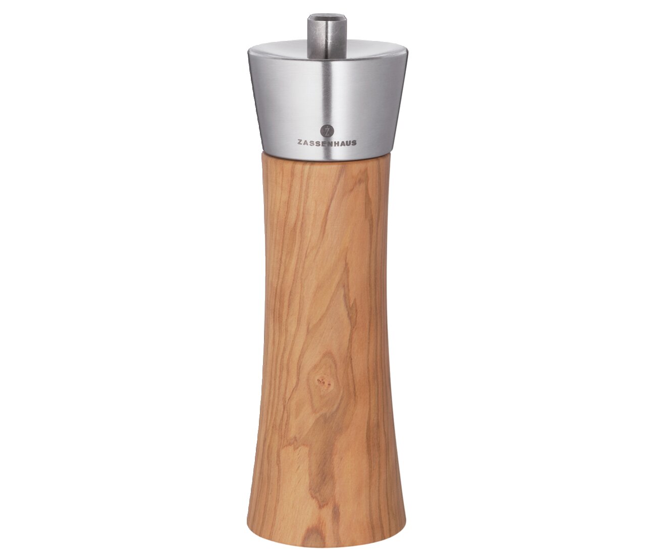 Salzmühle Augsburg 18cm aus Holz mit Edelstahlkopf, frontale Ansicht