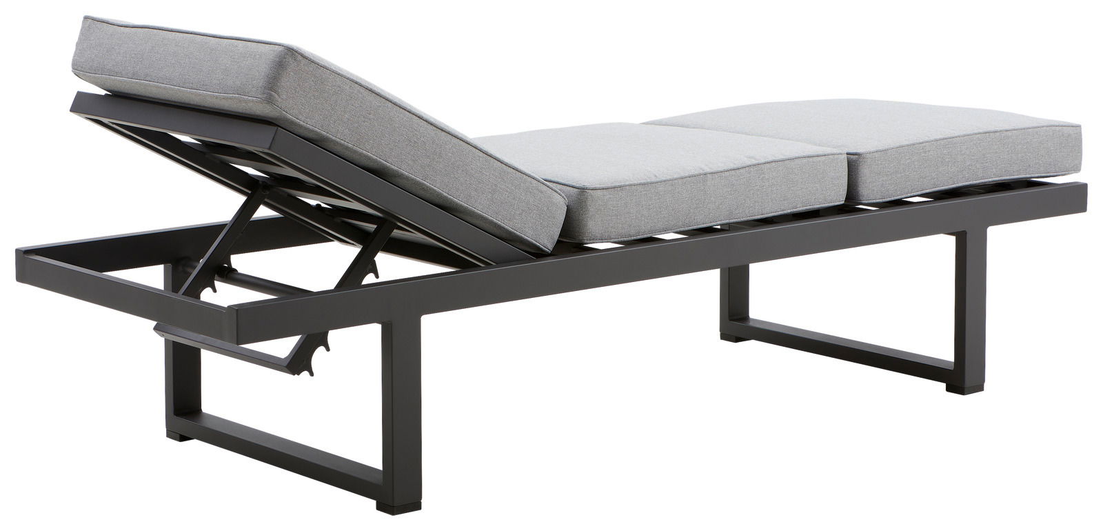 Seitliche Ansicht einer grauen Multifunktionsbank mit verstellbarer Rückenlehne und gepolsterten Kissen.