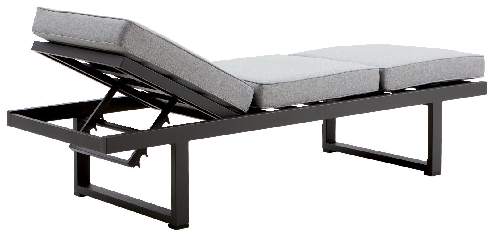 Seitliche Ansicht einer grauen Multifunktionsbank mit verstellbarer Rückenlehne und gepolsterten Kissen.