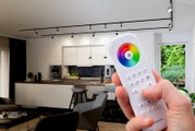 Close-up van een hand die een afstandsbediening met een kleurencirkel en knoppen vasthoudt in een moderne woonkamer.