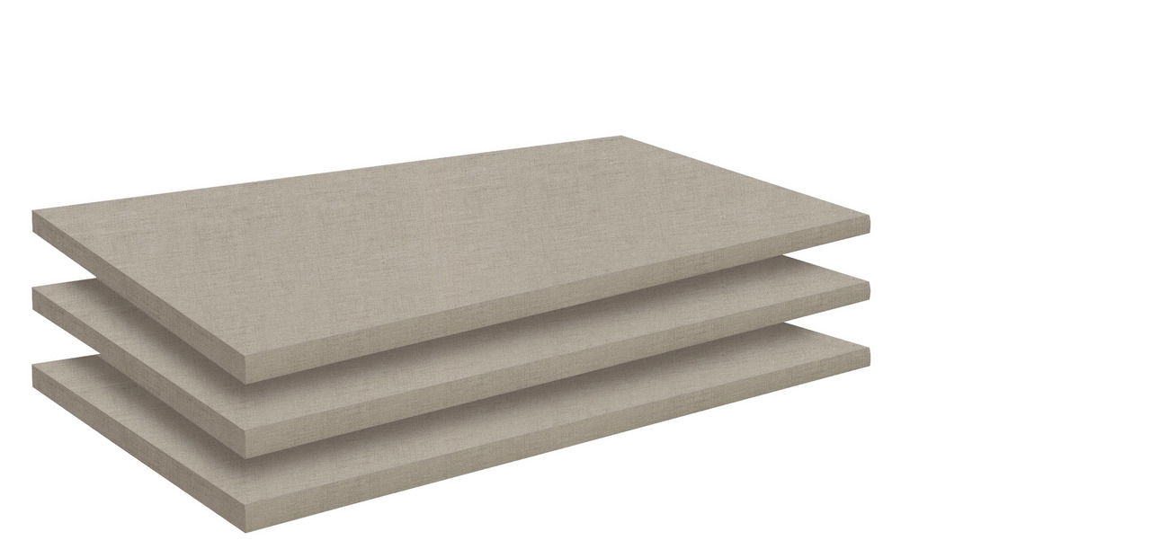 Novel Fachboden-Set SALIGO Drei übereinander gestapelte Fachböden in einer seitlichen Perspektive.