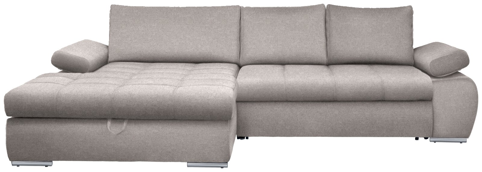 Grijze hoekbank met poef aan de linkerkant, vooraanzicht