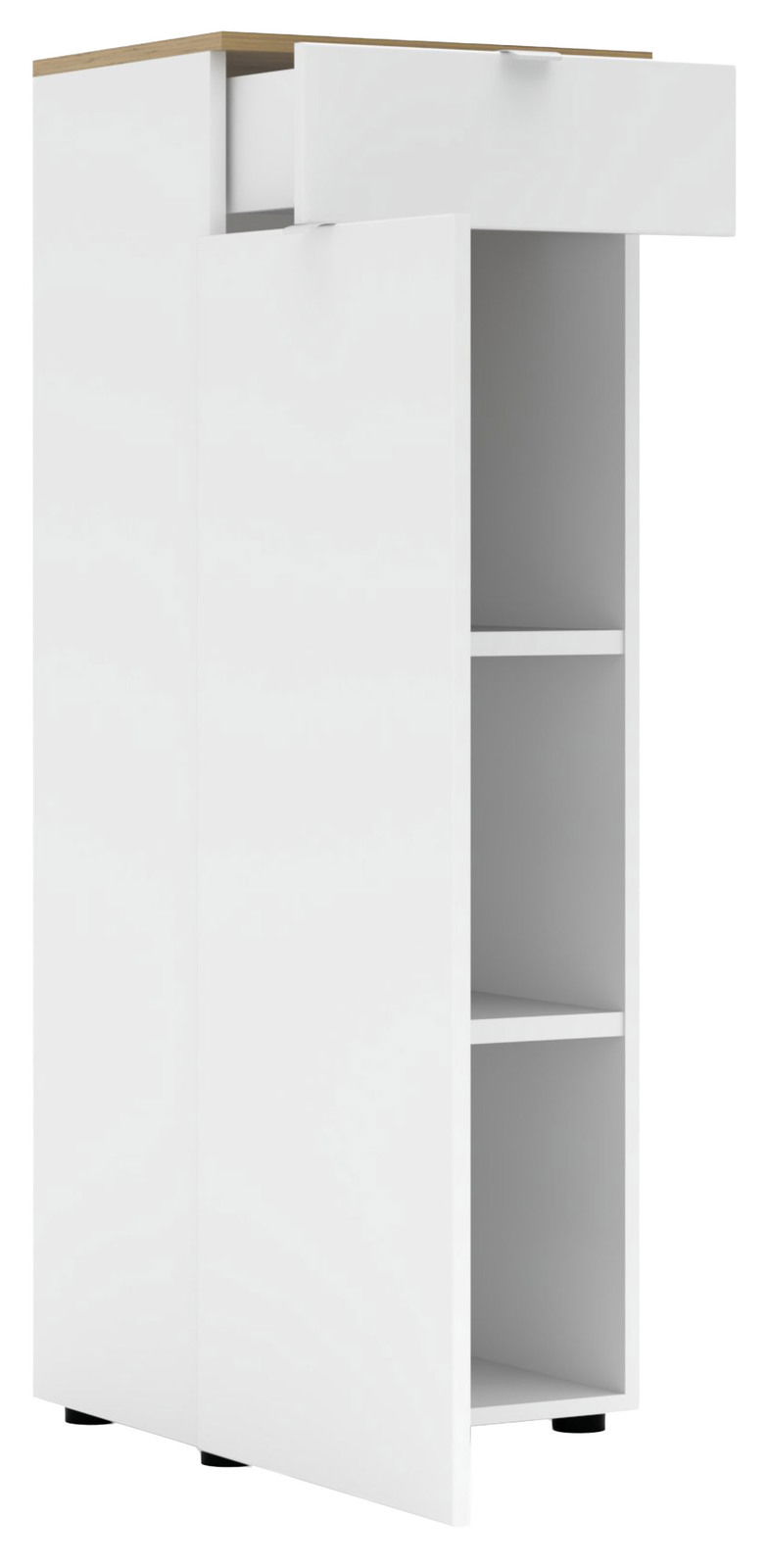 Weißer Büroschrank mit offenem Schubfach und zwei Regalfächern, seitliche Perspektive