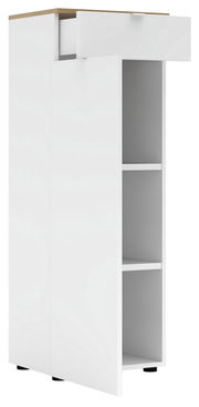 Weißer Büroschrank mit offenem Schubfach und zwei Regalfächern, seitliche Perspektive