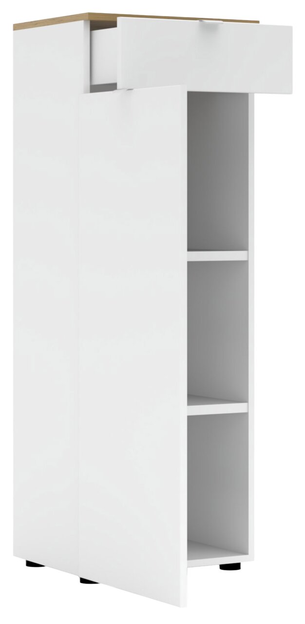 Weißer Büroschrank mit offenem Schubfach und zwei Regalfächern, seitliche Perspektive