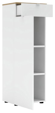 Weißer Büroschrank mit offenem Schubfach und zwei Regalfächern, seitliche Perspektive