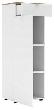 Weißer Büroschrank mit offenem Schubfach und zwei Regalfächern, seitliche Perspektive