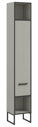 Moderner Hochschrank mit vertikalen Streifen auf der Tür, grauer Korpus und schwarzer Rahmen, frontal abgebildet.