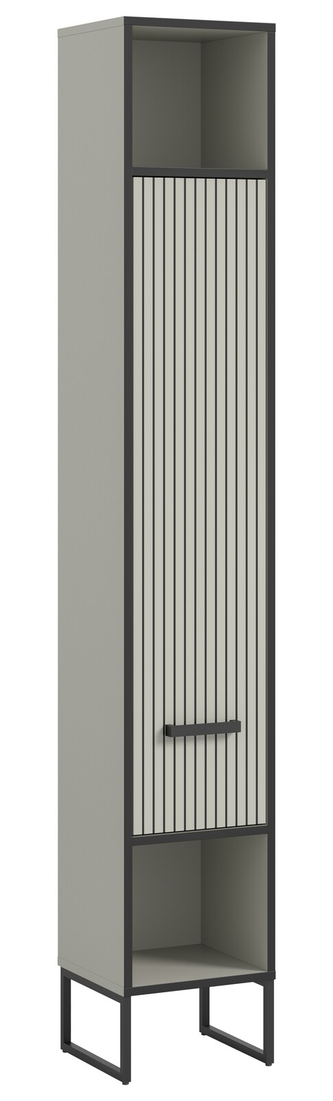 Moderner Hochschrank mit vertikalen Streifen auf der Tür, grauer Korpus und schwarzer Rahmen, frontal abgebildet.