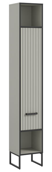 Moderner Hochschrank mit vertikalen Streifen auf der Tür, grauer Korpus und schwarzer Rahmen, frontal abgebildet.