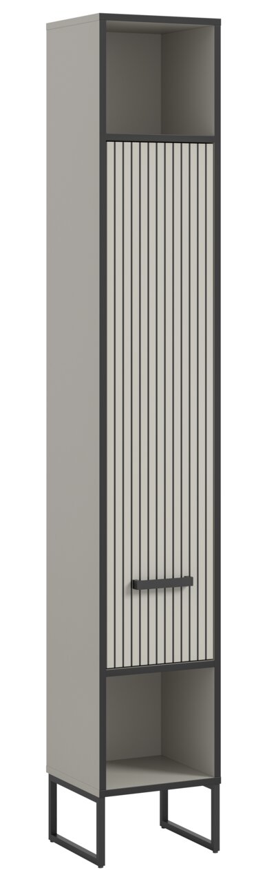 MID.YOU Hochschrank BAGNO Moderner Hochschrank mit vertikalen Streifen auf der Tür, grauer Korpus und schwarzer Rahmen, frontal abgebildet.
