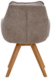 Rückansicht eines Armlehnstuhls mit braunem Stoffbezug und Holzbeinen.