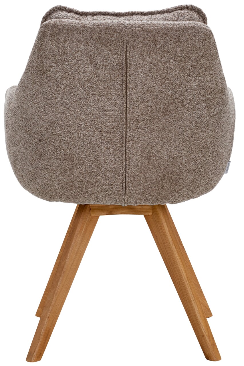 Rückansicht eines Armlehnstuhls mit braunem Stoffbezug und Holzbeinen.