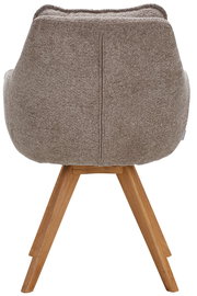 Rückansicht eines Armlehnstuhls mit braunem Stoffbezug und Holzbeinen.