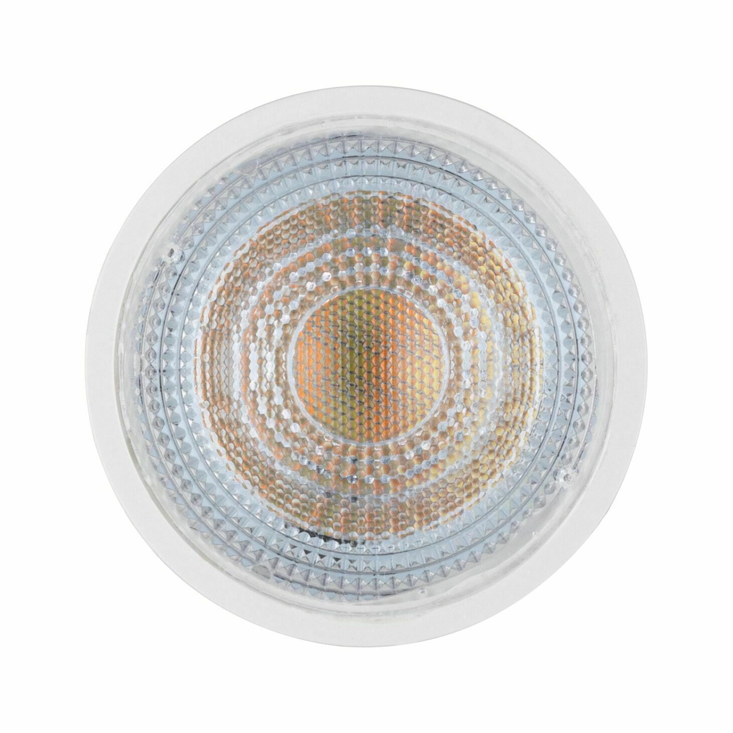 Vorderansicht eines runden LED Leuchtmittels mit facettierter Oberfläche, passend für URAIL Systeme.