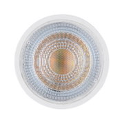 Vorderansicht eines runden LED Leuchtmittels mit facettierter Oberfläche, passend für URAIL Systeme.